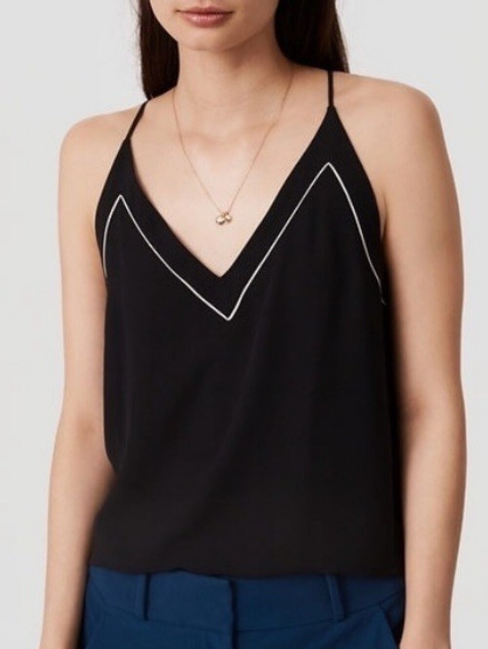 LOFT Black V-Neck Spaghetti Strap Top with White Piping